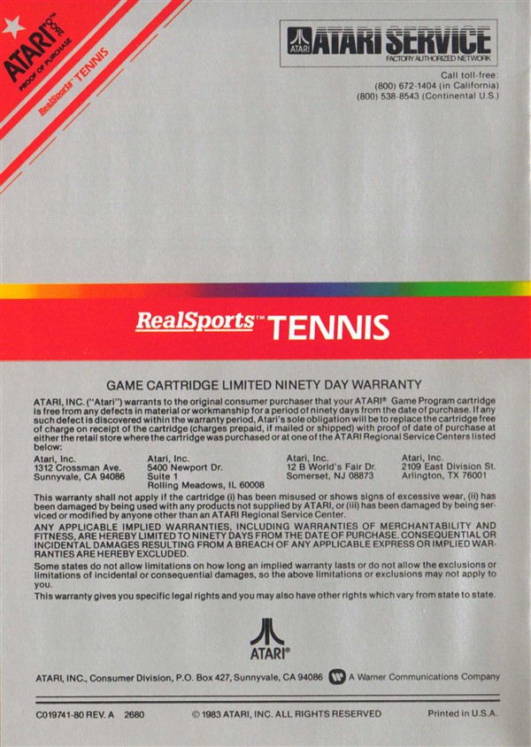 NEW REALSPORTS TENNIS GAME FACTORY SEALED W/DAMAGED BOX FOR ATARI 2600 USA  #G65
