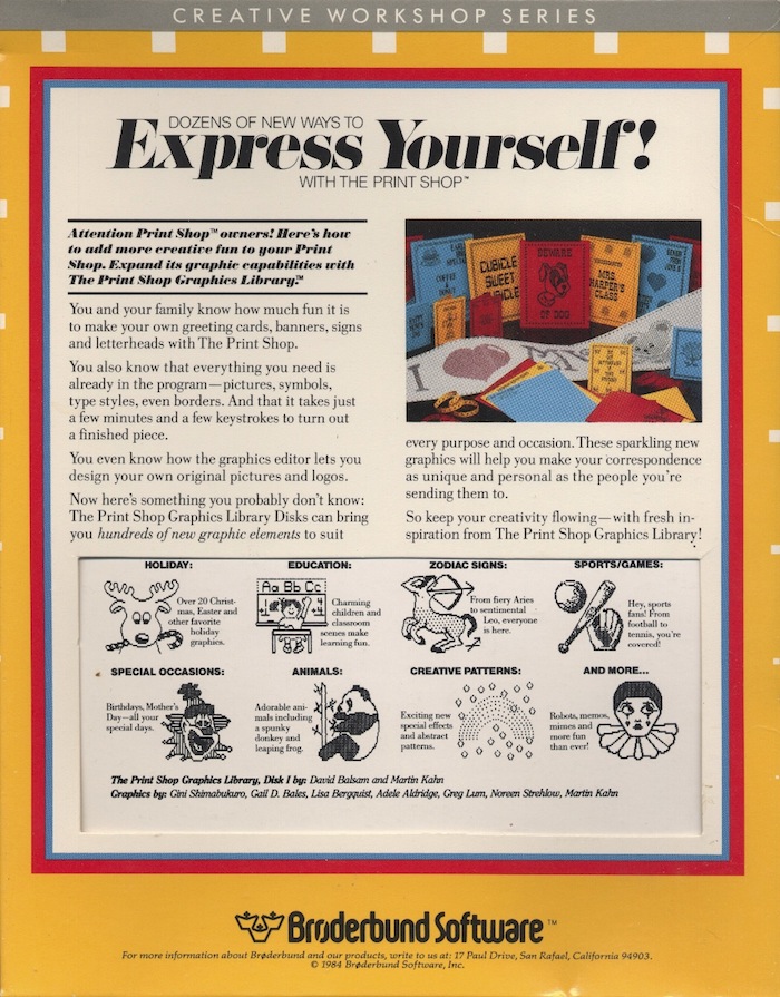 Atari 400 800 XL XE Print Shop Graphics Library Disk : scans, dump, download, screenshots, ads, videos, catalog, instructions, roms