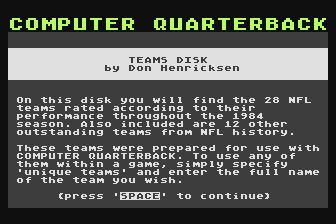 Computer Quarterback - 1984 NFL Teams Data Disk atari screenshot