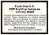 Experiments in ESP and Psychokinesis Atari ad