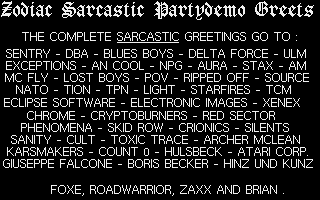 Zodiac's Sarcastic Partydemo atari screenshot