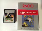 16 in 1 - Golf / Basket Ball / Boxing / Laser / Sky Diver / Tennis / Fishing / Bowling / Free Way / Millipede / Cannon Ball / Tank War / Out Law / UFO / Circus / Cow Boy Atari cartridge scan