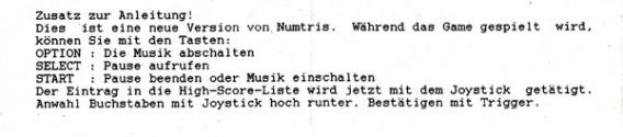 Numtris Atari instructions