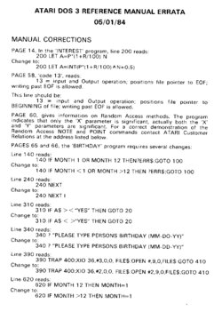Atari DOS 3 System Reference Manual Errata