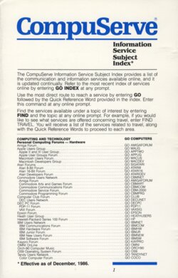(CompuServe Information Service Subject Index)