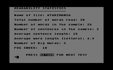 FOG Index atari screenshot