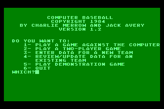 Computer Baseball atari screenshot