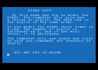 Deflection / Simon Says atari screenshot