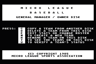 Micro League Baseball - General Manager / Owner's Disk atari screenshot