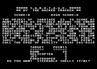 Sabotage atari screenshot