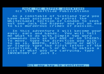 SoftSide Adventure No.  4 - Jack the Ripper atari screenshot