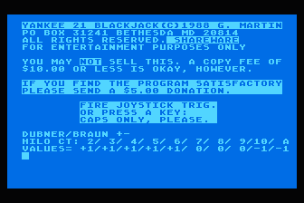 Yankee 21 Custom Blackjack atari screenshot