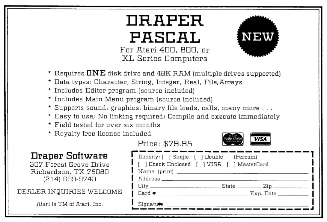 New. Draper Pascal ForAtari 400, 800, or XL Series Computers. · 1983