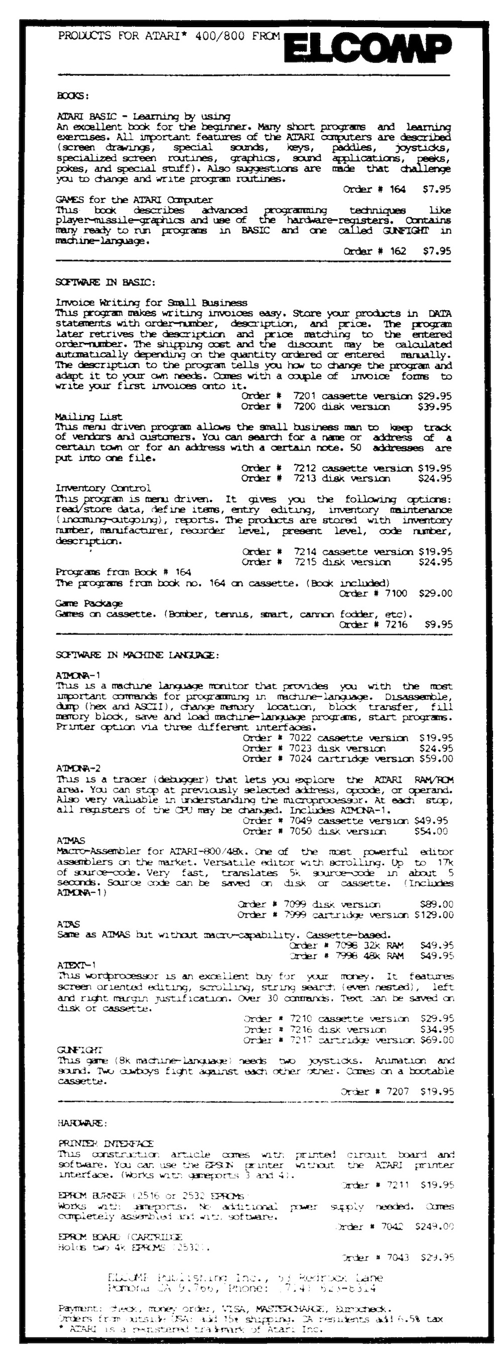 Products for Atari 400/800 from Elcomp · 1982