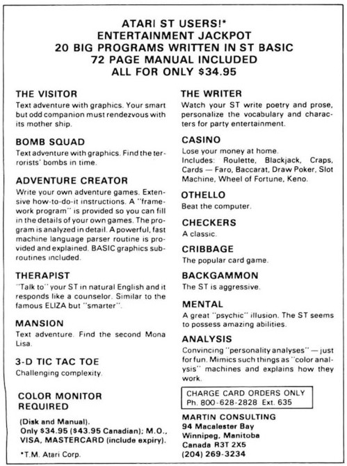 Entertainment Jackpot - 20 Big Programs Written in ST BASIC · 1986