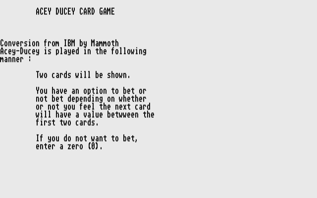 Acey Ducey Card Game atari screenshot