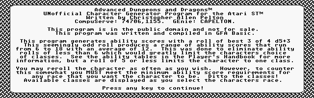 Advanced Dungeons and Dragons Unofficial Character Generator atari screenshot