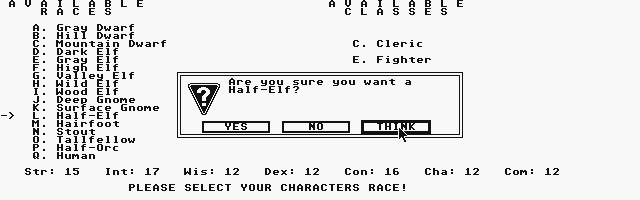 Advanced Dungeons and Dragons Unofficial Character Generator atari screenshot