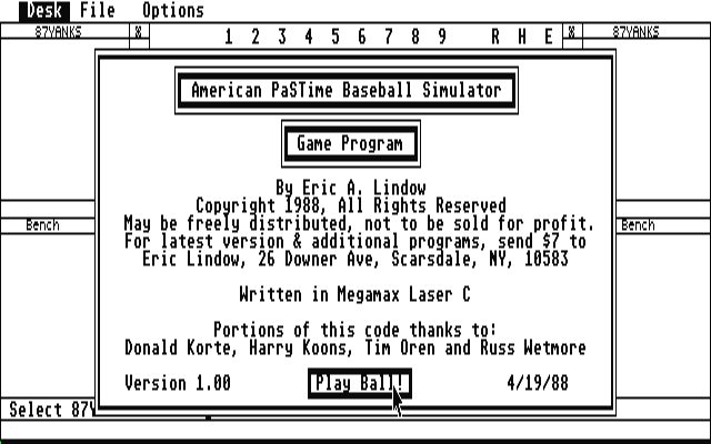 American Pastime Baseball Simulator atari screenshot