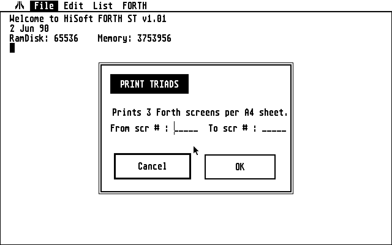 HiSoft Forth atari screenshot