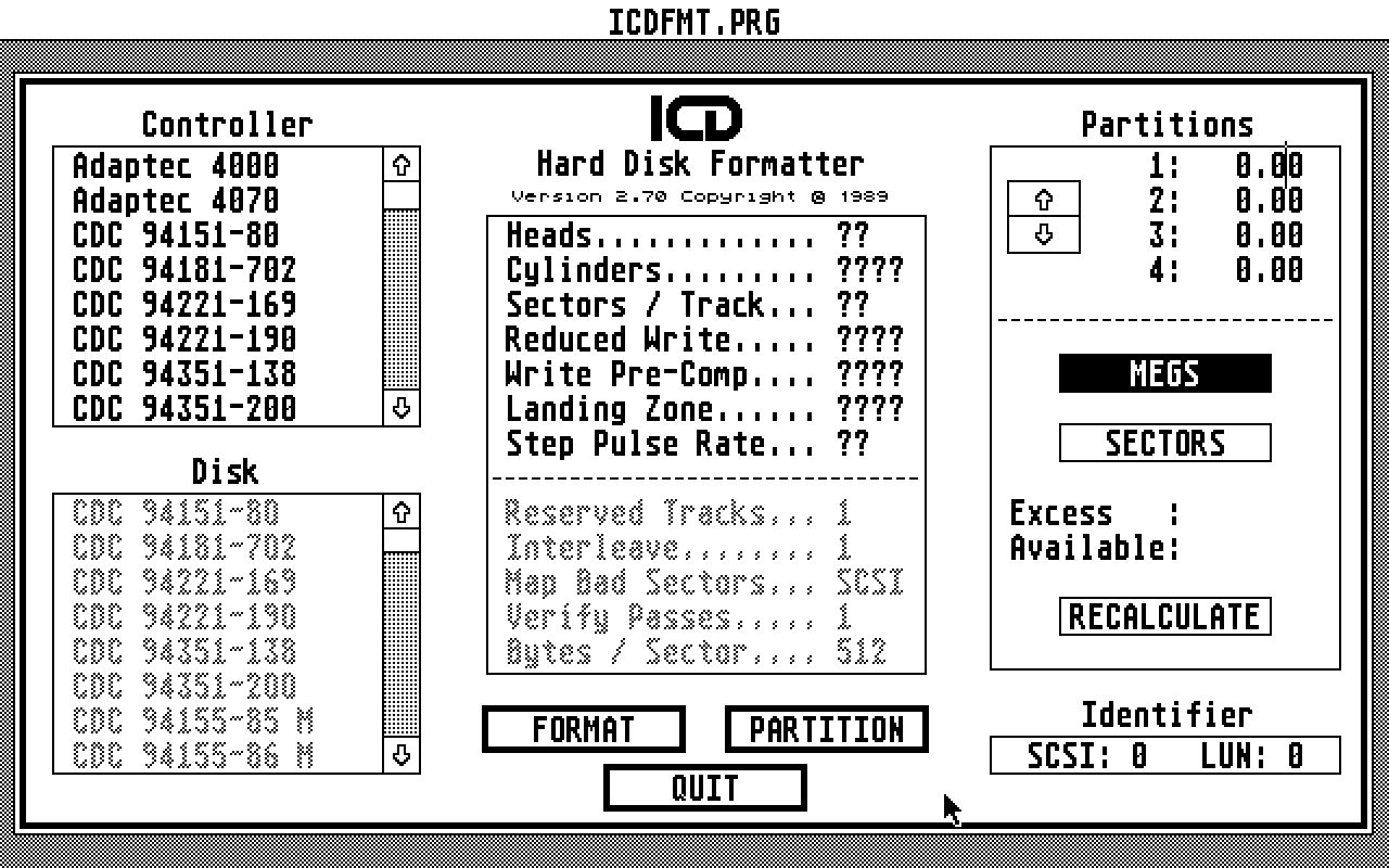 ICD Hard Disk Utilities atari screenshot