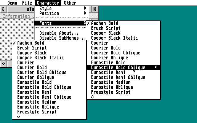 Test Program for Hierarcial Menus, Pop-Up Lists, Drop Down Lists, Toolbars atari screenshot