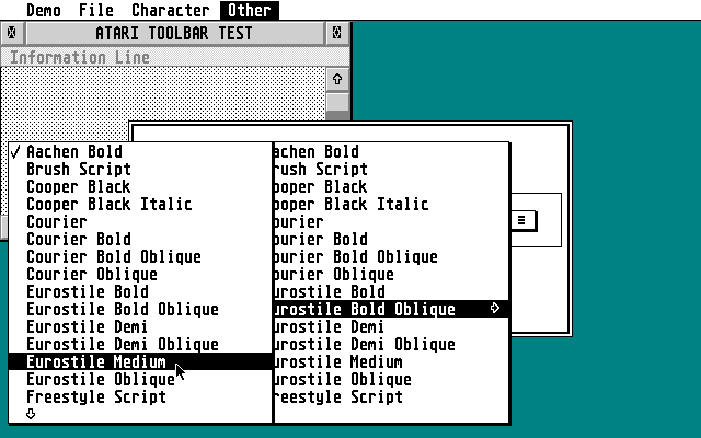 Test Program for Hierarcial Menus, Pop-Up Lists, Drop Down Lists, Toolbars atari screenshot
