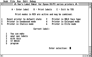 Van's Labelmaker for Epson RX/FX Series Printer atari screenshot